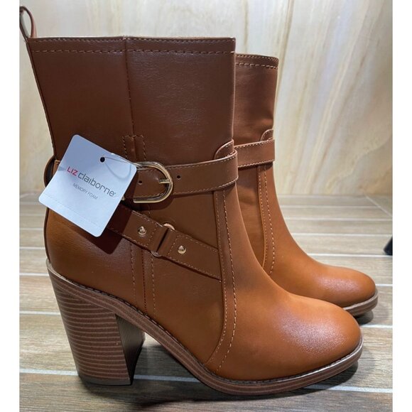 Liz Claiborne Size 10 M Olinda Cognac Faux Leather Block Heel Ankle Boots - Picture 5 of 10